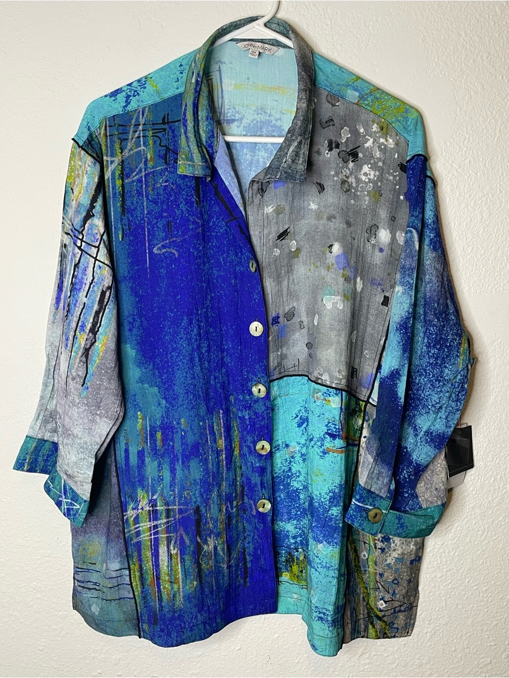 John Mark Teal & Aqua Abstract Button-Up